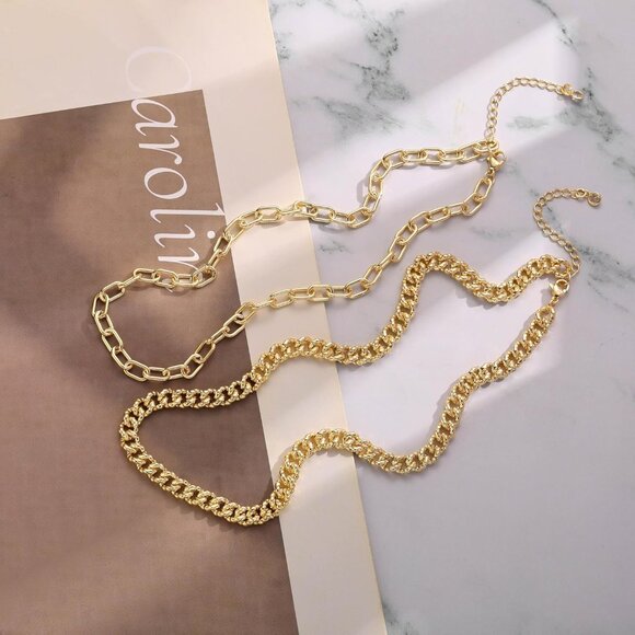14K Gold Chain Plated Paperclip & Cuban Link Layered Choker Necklace - Trendy - Picture 7 of 9
